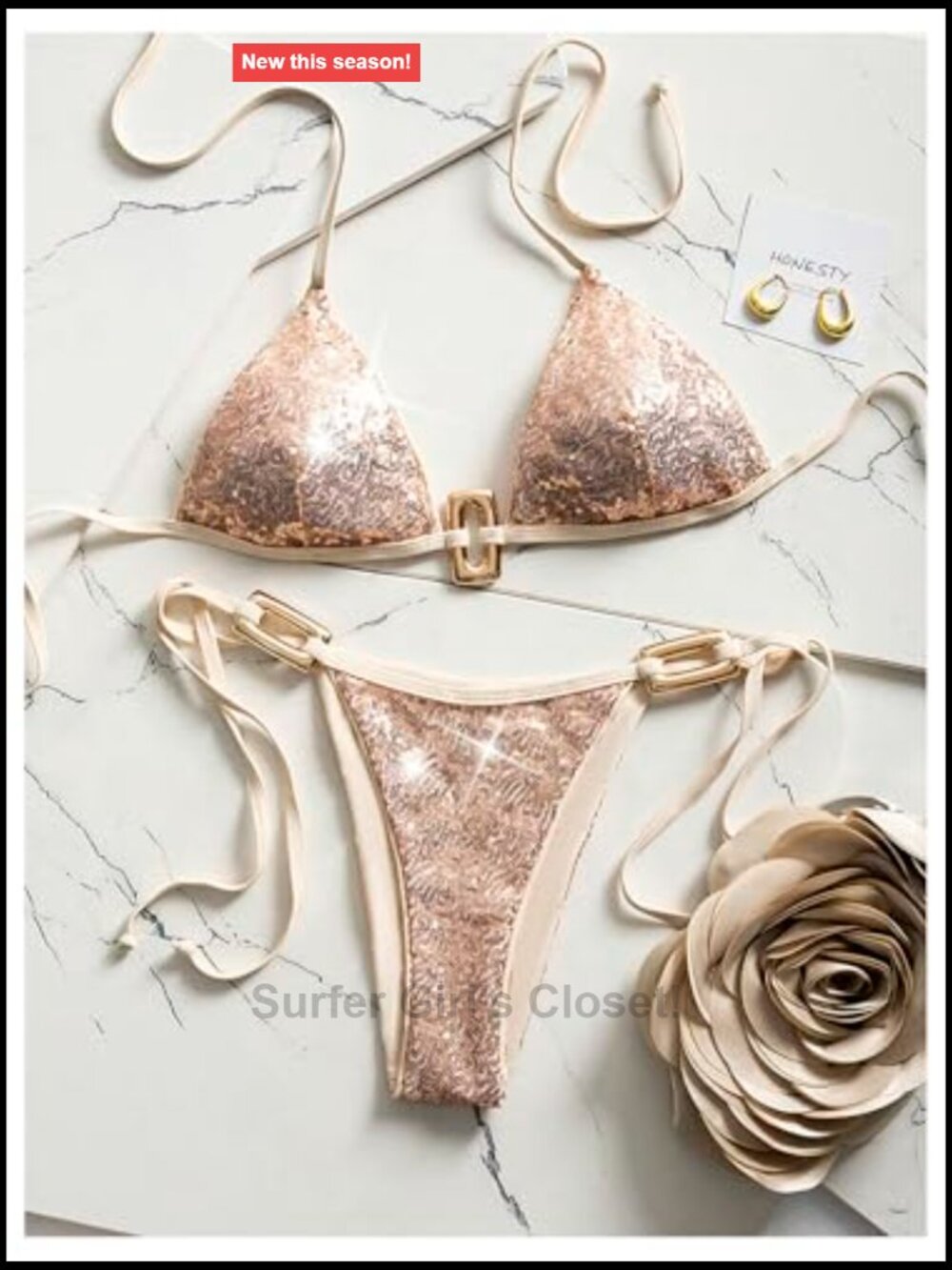 Women's 2 Piece Halter Bikini Set with Metal Ring Sequins High Cut - Picture 5 of 6